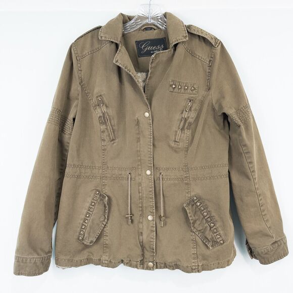 Guess Studded Army Anorak Jacket Womens Large Olive Lined Utility Y2K Grunge - Picture 1 of 16